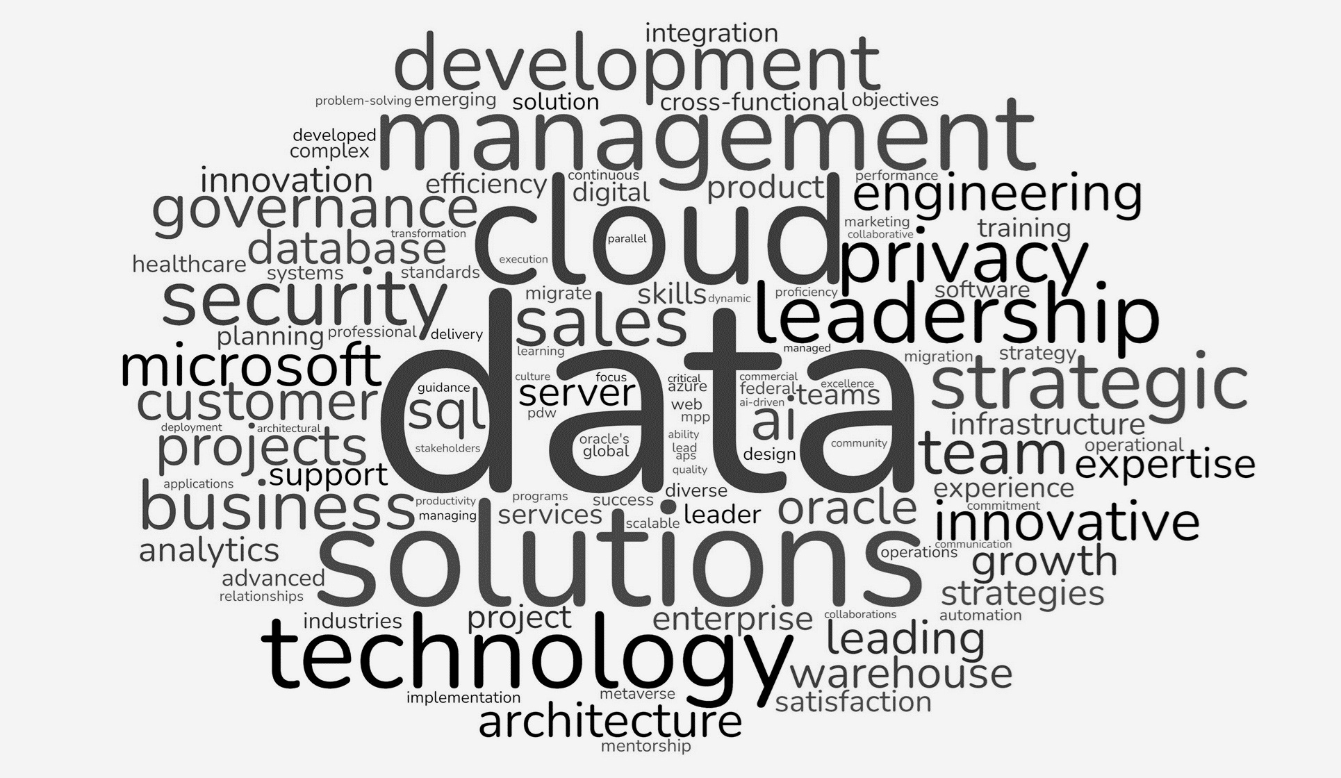 Image of a Cloud Words design displaying words in different sizes that capture Dana Rivkind's skills and experience in technology